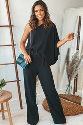 Black One Shoulder 3 4 Sleeve Jumpsuit