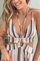 Taupe Striped Maxi Dress With Cut Outs
