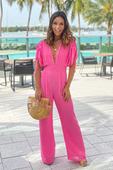 Pink Pleated Ruched Sleeves Jumpsuit