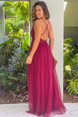 Wine Mesh V Neck Maxi Dress