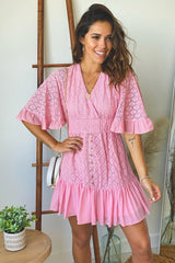 Pink Lace Short Dress With Sleeves