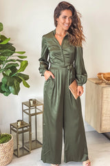 Dusty Olive Satin Jumpsuit With Long Sleeves