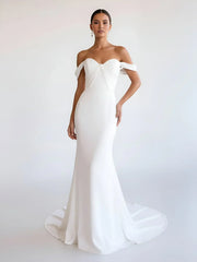 Simple White Mermaid Off the Shoulder Boho Wedding Dress