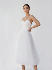A Line Spaghetti Straps White Satin Tulle Tea Length Wedding Dresses
