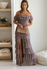 Taupe Glitter Mesh Ruffled Off Shoulder Maxi Dress