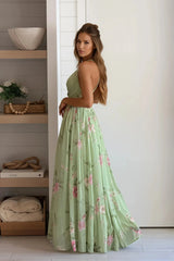 Sage Floral Deep V Neck Sleeveless Maxi Dress