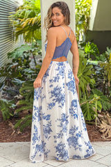 White And Blue Floral Maxi Dress With Lace Back