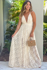 Cream Lace V Neck Maxi Dress