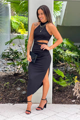 Black Halter Neck Asymmetrical Dress With Cut Out
