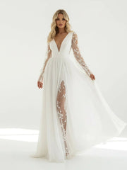 Long Sleeve Boho Flowy Wedding Dress Lace A Line V Neck Beach Gown with Split Front and Sweep Train