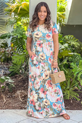 Sage Floral Maxi Dress With Short Sleeves And Pockets