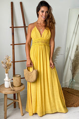 Mustard Maxi Dress With Crochet Trim And Lining