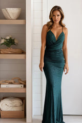 Hunter Green Glitter Ruched Maxi Dress