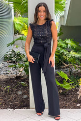 Black Jumpsuit With Lace Top And Tie Belt
