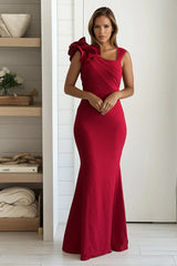 Red Layered Ruffled One Shoulder Maxi Dress