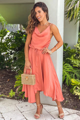 Terracotta Satin Midi Dress With Cowl Neck