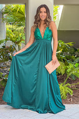 Hunter Green V Neck Sequin Top Maxi Dress