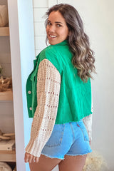Jade Denim Jacket With Crochet Sleeves