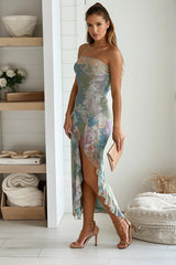 Sage Floral Mesh Ruffle Slit Midi Dress