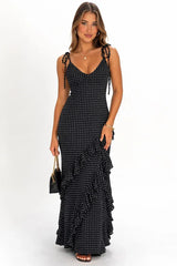 Nevaeh Polka Dot Ruffle Maxi Dress Black