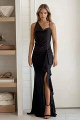 Black One Shoulder Maxi Dress With Ruffle Detail