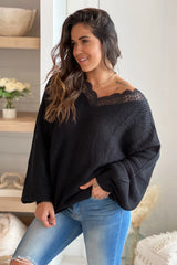Black Lace Trim V Neck Sweater