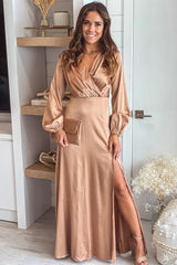 Champagne Satin V Neck Maxi Dress With Slit
