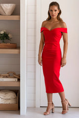 Red Pleated Off Shoulder Midi Dress
