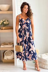 Navy Printed Pleated Midi Dress