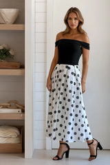 Black And White Polka Dot Off Shoulder Midi Dress