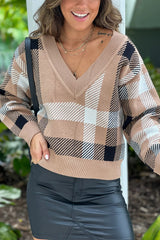 Camel Checkered V Neck Sweater