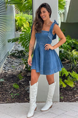 Denim A Line Short Dress With Tie Straps