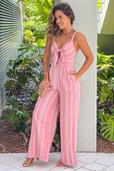 Blush Striped Jumpsuit With Tie Front