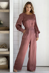 Mauve Satin Jumpsuit With Puff Sleeves