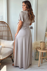 Gray Maternity Maxi Dress with Slit and Short Sleeves