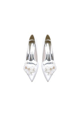 Pointed Toe White Rhinestone Chunky Heels with Flower