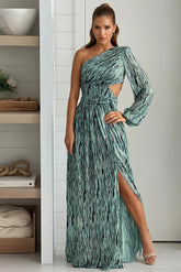 Mint Printed Mesh One Sleeve Maxi Dress With Slit