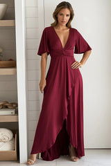 Burgundy High Low Twist Dress With Short Sleeves