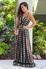 Black And Gold Embroidered Tulle Maxi Dress
