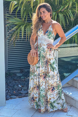 Ivory Printed Maxi Dress With Crochet Trim And Open Back