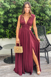Wine V Neck Maxi Dress With Cut Out And Slit
