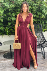Wine V Neck Maxi Dress With Cut Out And Slit