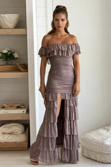 Taupe Glitter Mesh Ruffled Off Shoulder Maxi Dress