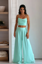 Mint Cowl Neck Top And Wide Leg Pants Set