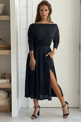 Black Off Shoulder Knit Midi Dress With Slit