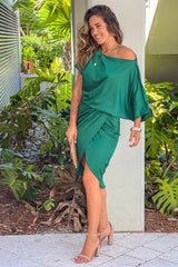 Hunter Green Satin One Shoulder Midi Dress