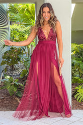 Wine Tulle Maxi Dress With Sequin Top And Criss Cross Back