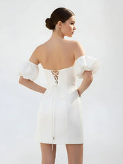Short Satin White Wedding Dress Strapless Off the Shoulder