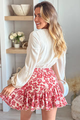 Cream And Cranberry Printed Romper With Long Sleeves