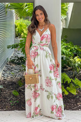 White And Fuchsia Floral Maxi Dress With Lace Back